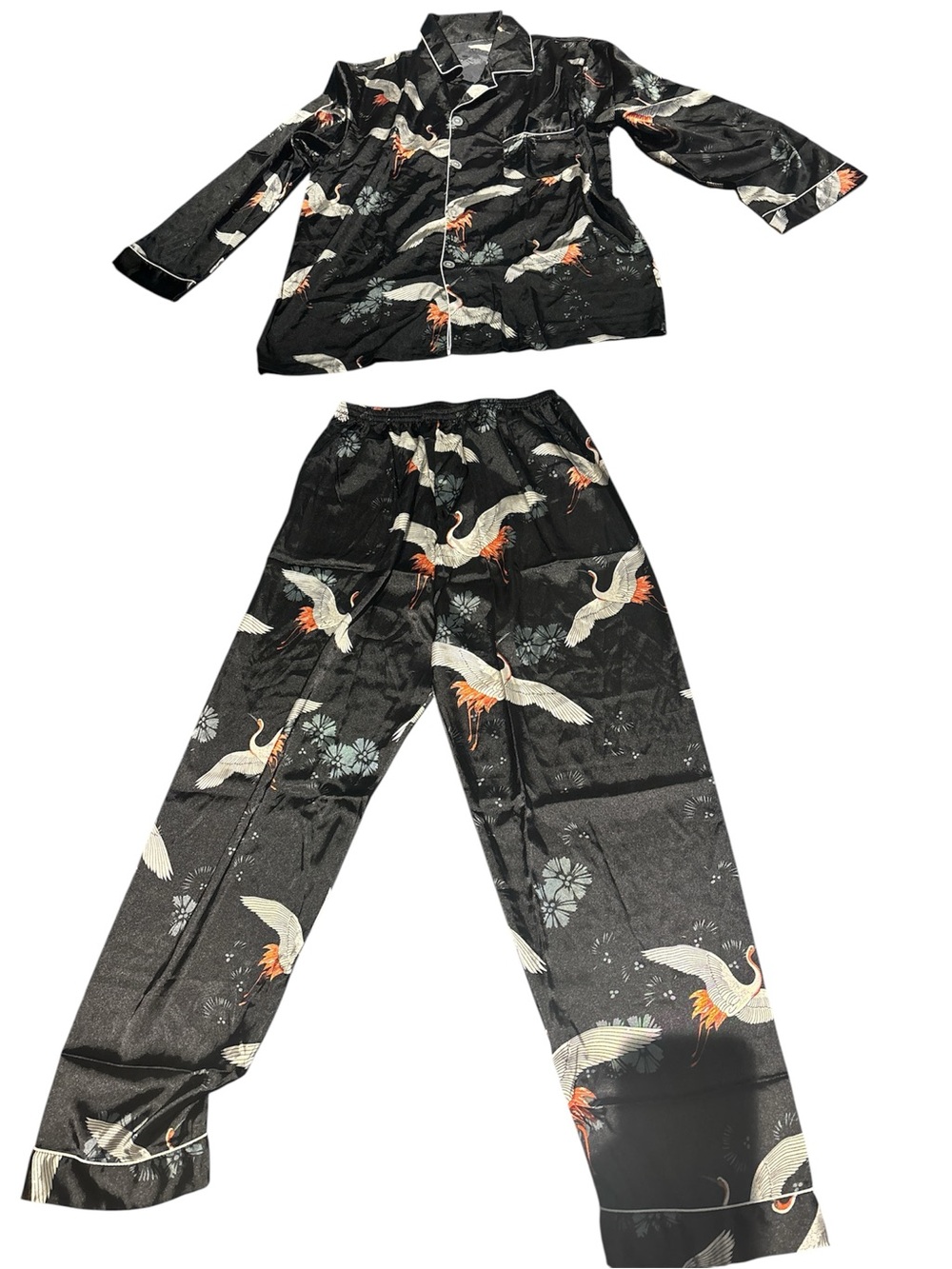 Women Black Crane-Print Pyjama lounge Set Size Medium